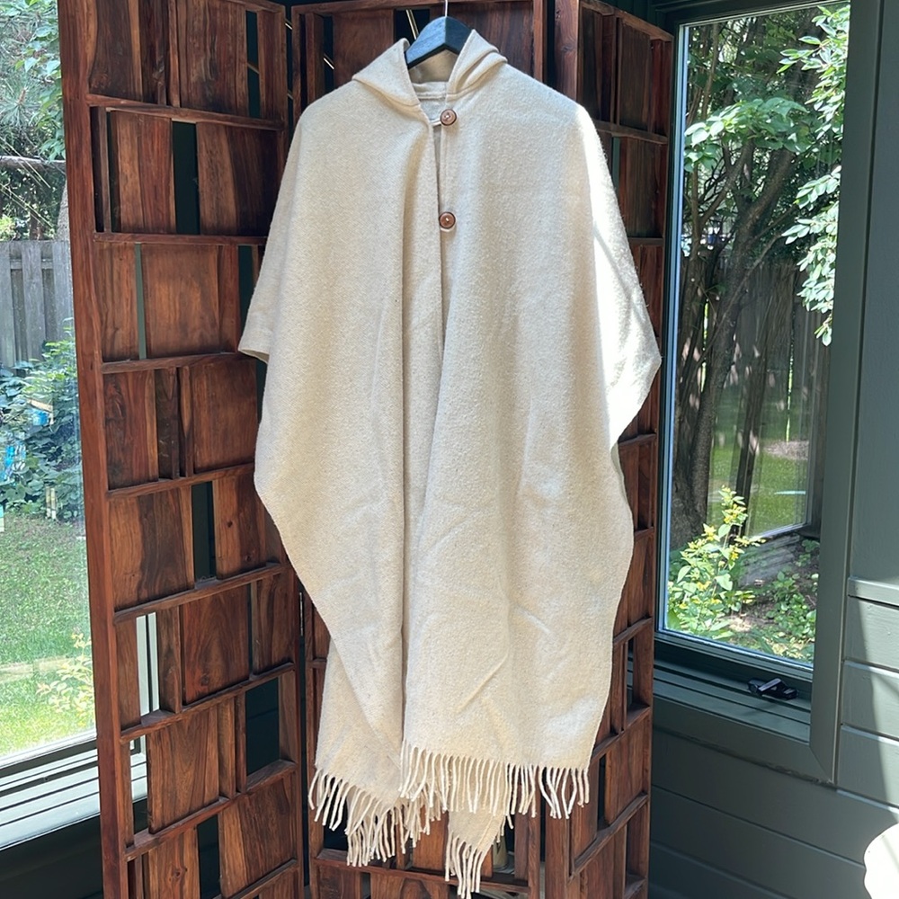 Cream Hooded Poncho 100% Wool Handmade in Oaxaca